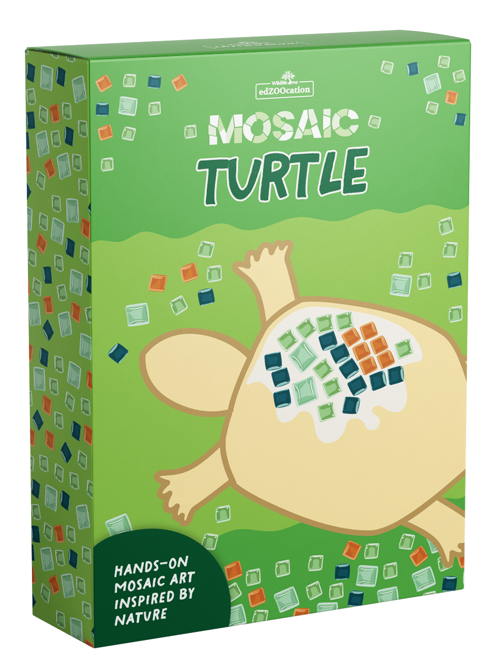 Mosaic turtle art kit packaging with colorful tiles