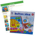 Packaging and instructions for the Dolphin Button Art Activity Kit, featuring ocean-themed designs and multicolored buttons for preschoolers.