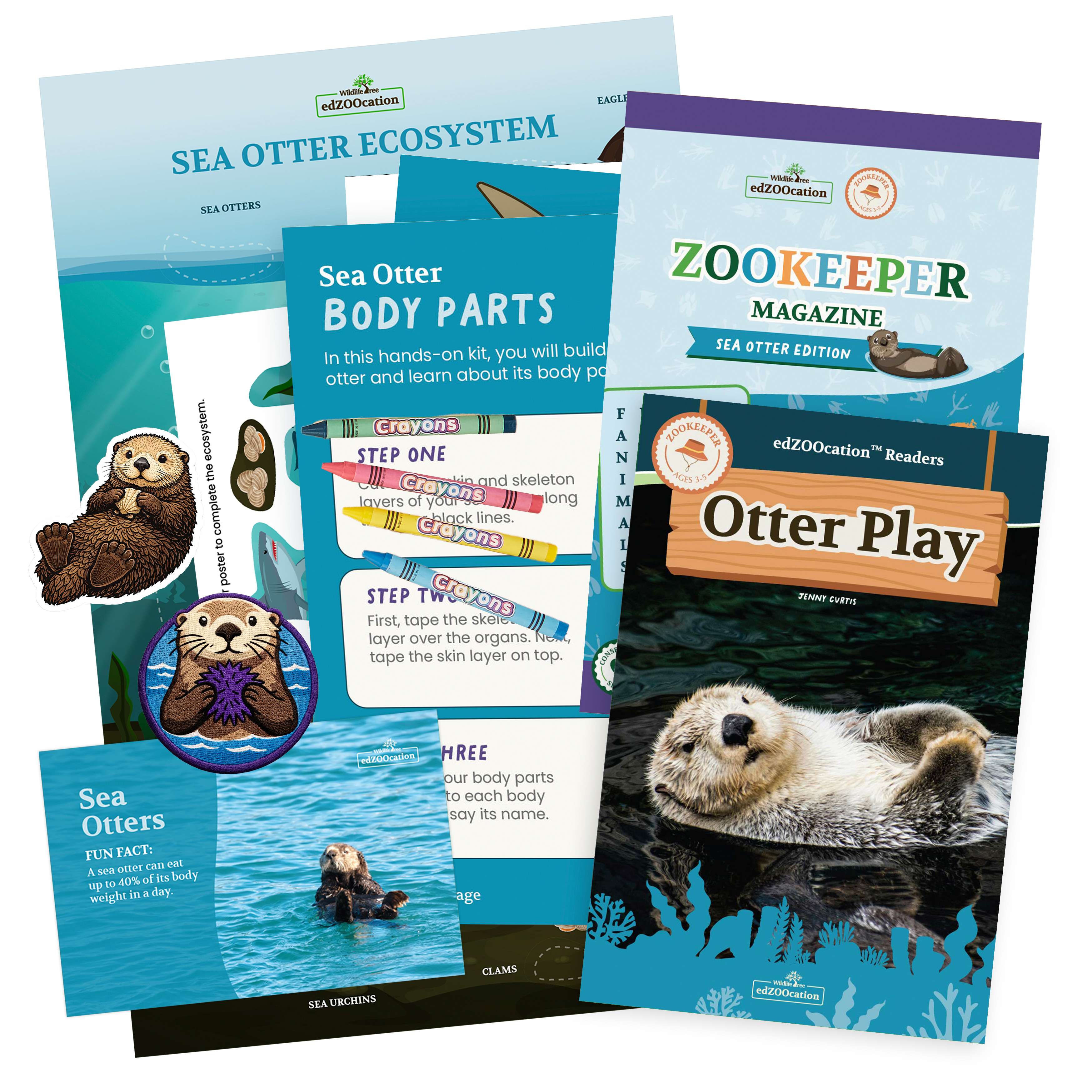 Educational materials including a zookeeper magazine, dissection kit, and reader about Sea Otters on a white background.