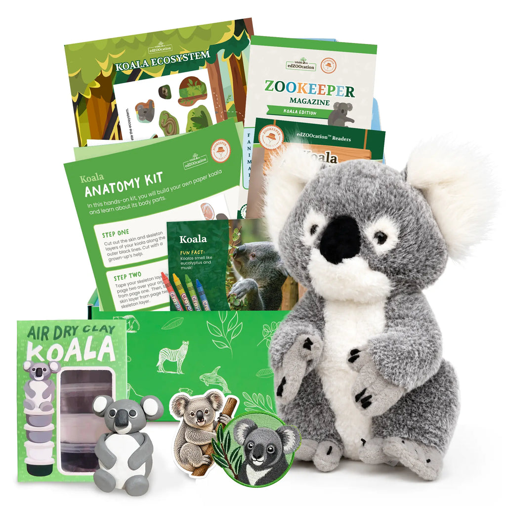 Educational animal kit with books, toys, and activities on a white background
