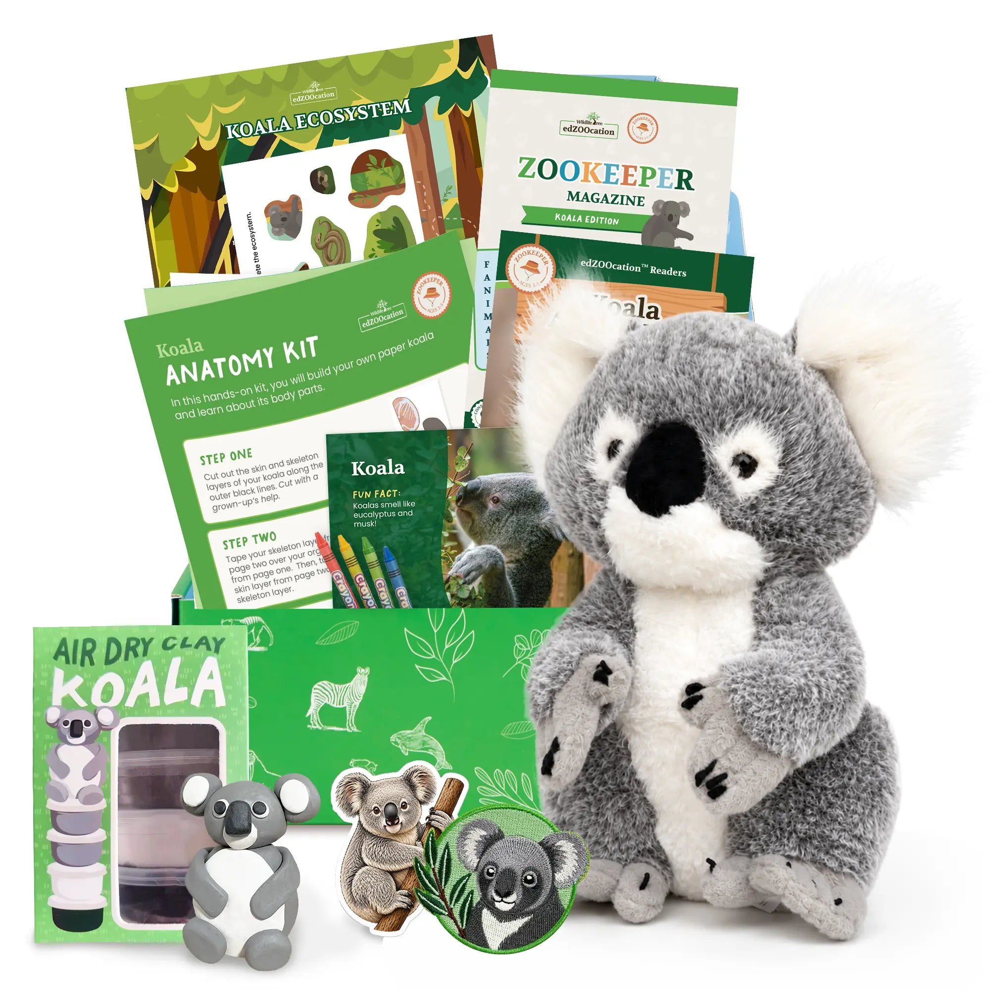 Educational animal kit with books, toys, and activities on a white background