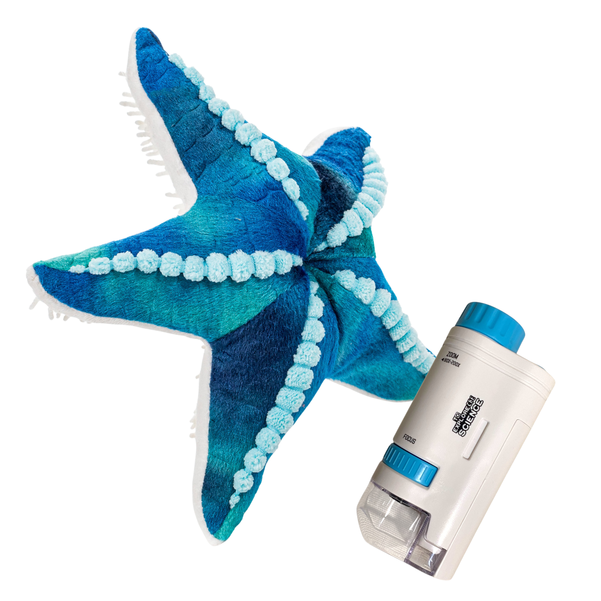 Blue Sea Star Stuffed animal with a microscope on a white background