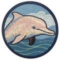 Embroidered patch of a dolphin on a blue and white background