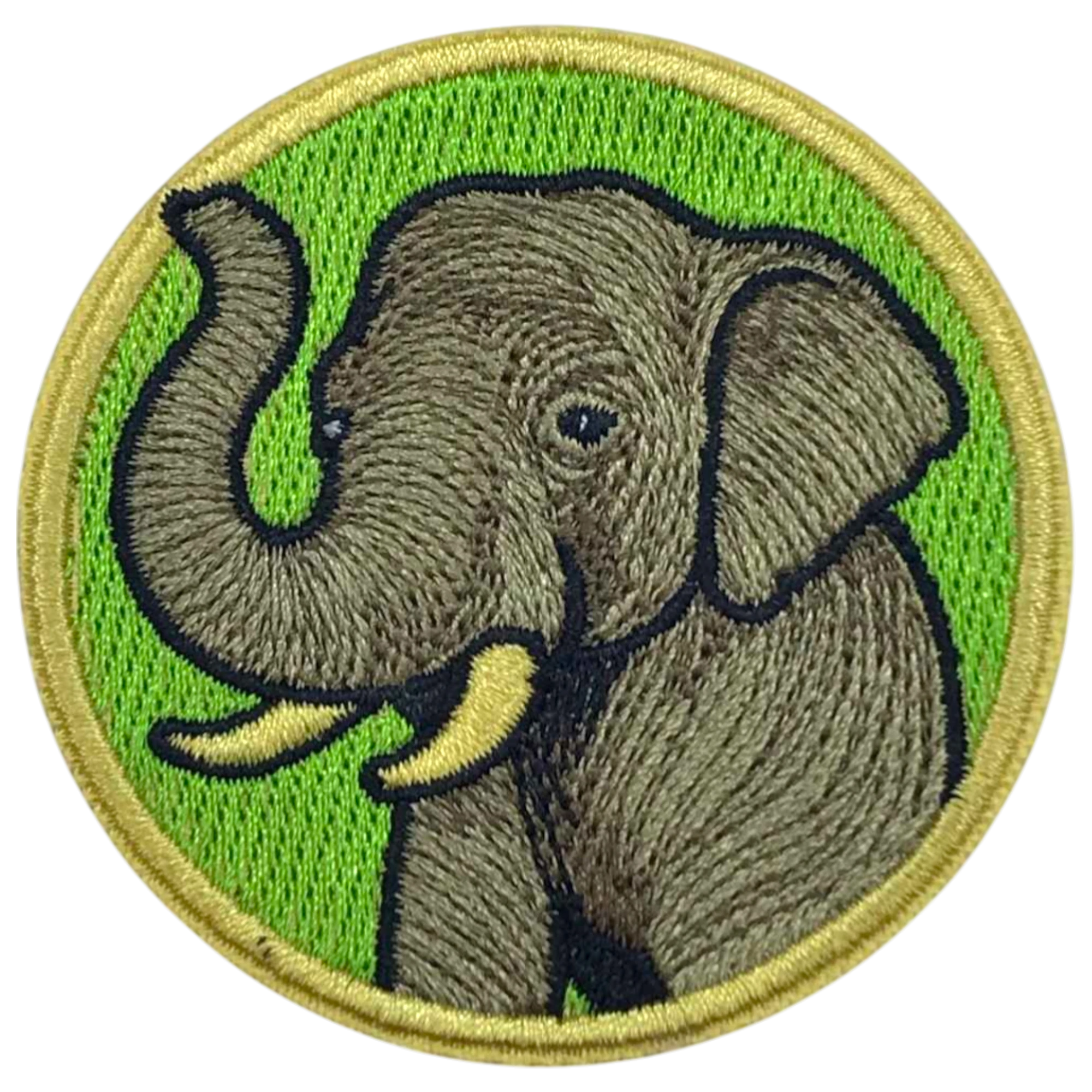 Embroidered patch of an elephant on a green background