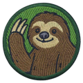 Embroidered patch of a waving sloth on a green background