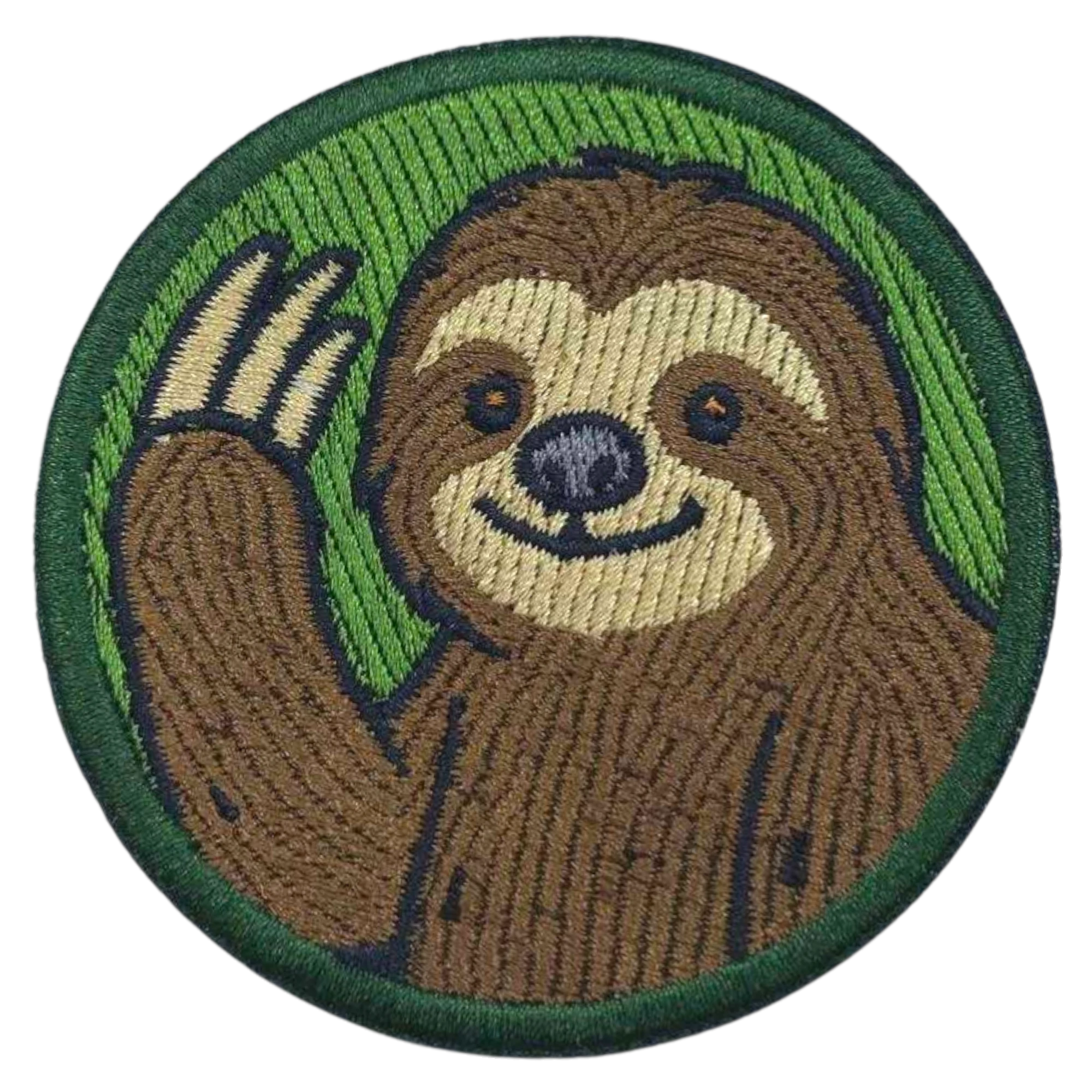 Embroidered patch of a waving sloth on a green background