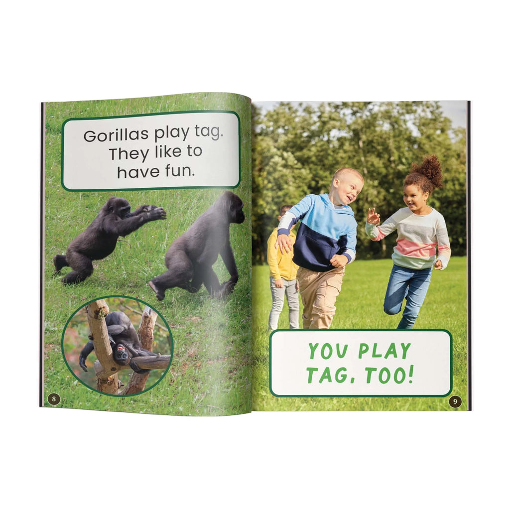 Children's book open to a page about gorillas playing tag, with text and images of children playing.