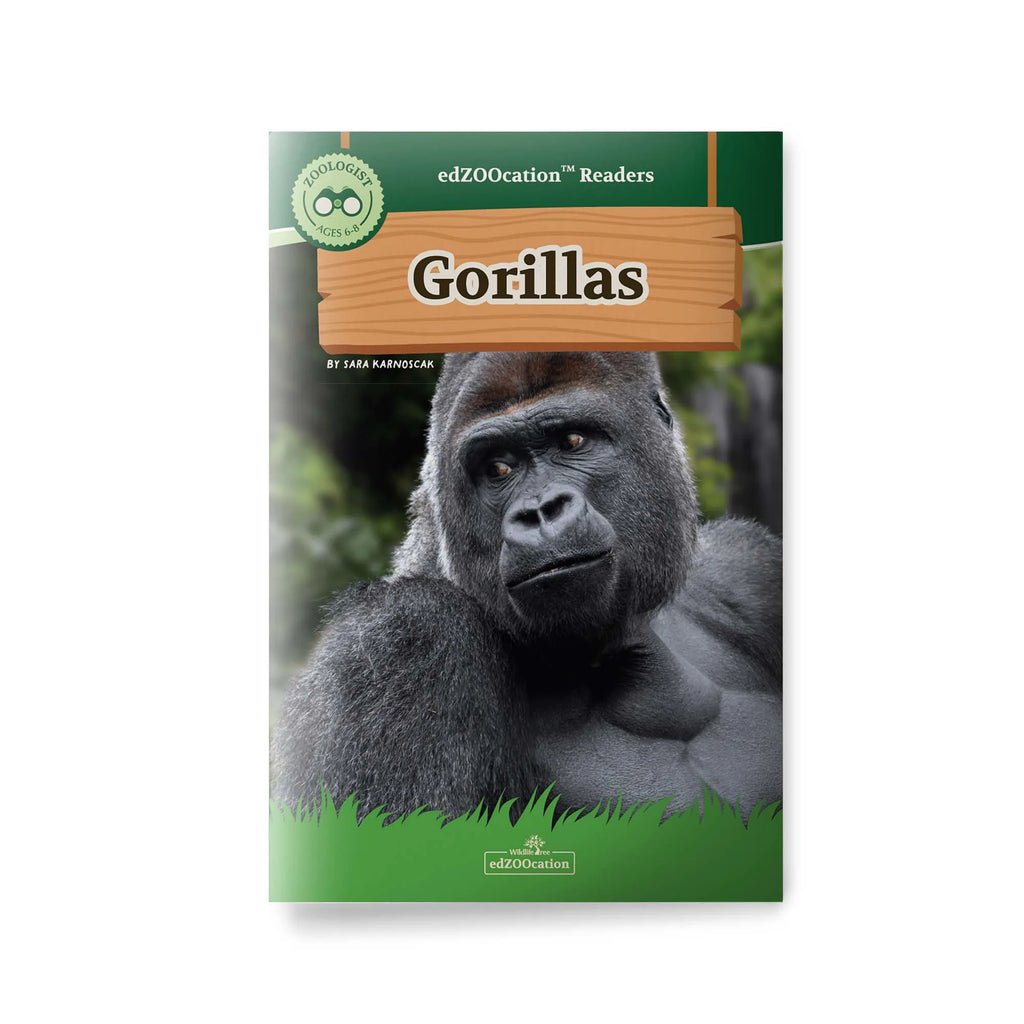 Book cover of 'Gorillas' with a gorilla on a green background