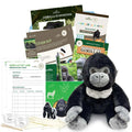 A complete gorilla-themed educational subscription box from edZOOcation featuring a plush gorilla toy, conservation magazines, animal fact cards, activity booklets, science experiment materials, stickers, and hands-on learning activities about gorillas and their ecosystem.