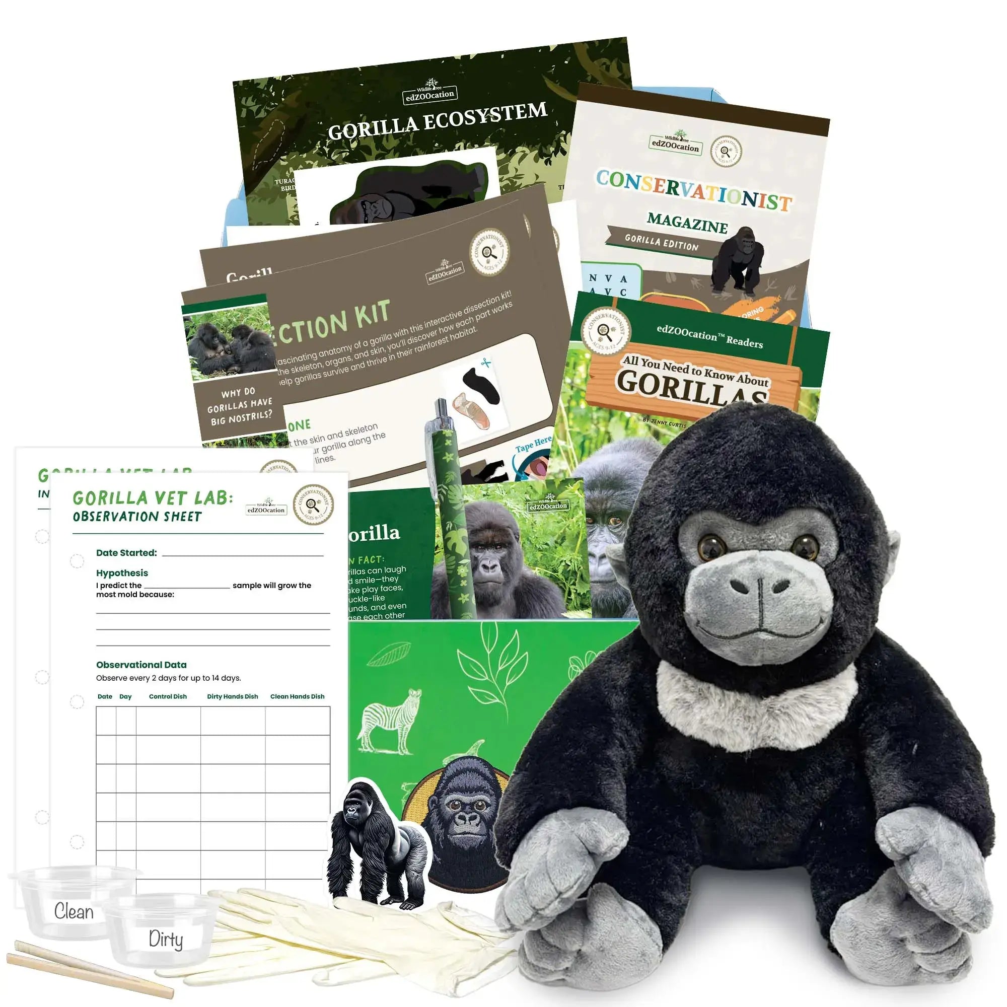 A complete gorilla-themed educational subscription box from edZOOcation featuring a plush gorilla toy, conservation magazines, animal fact cards, activity booklets, science experiment materials, stickers, and hands-on learning activities about gorillas and their ecosystem.