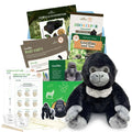 A gorilla-themed educational activity box from edZOOcation featuring a plush gorilla toy, beginner-level reading materials, science observation sheets, crafts, stickers, and hands-on learning activities designed to teach young children about gorillas and wildlife conservation.