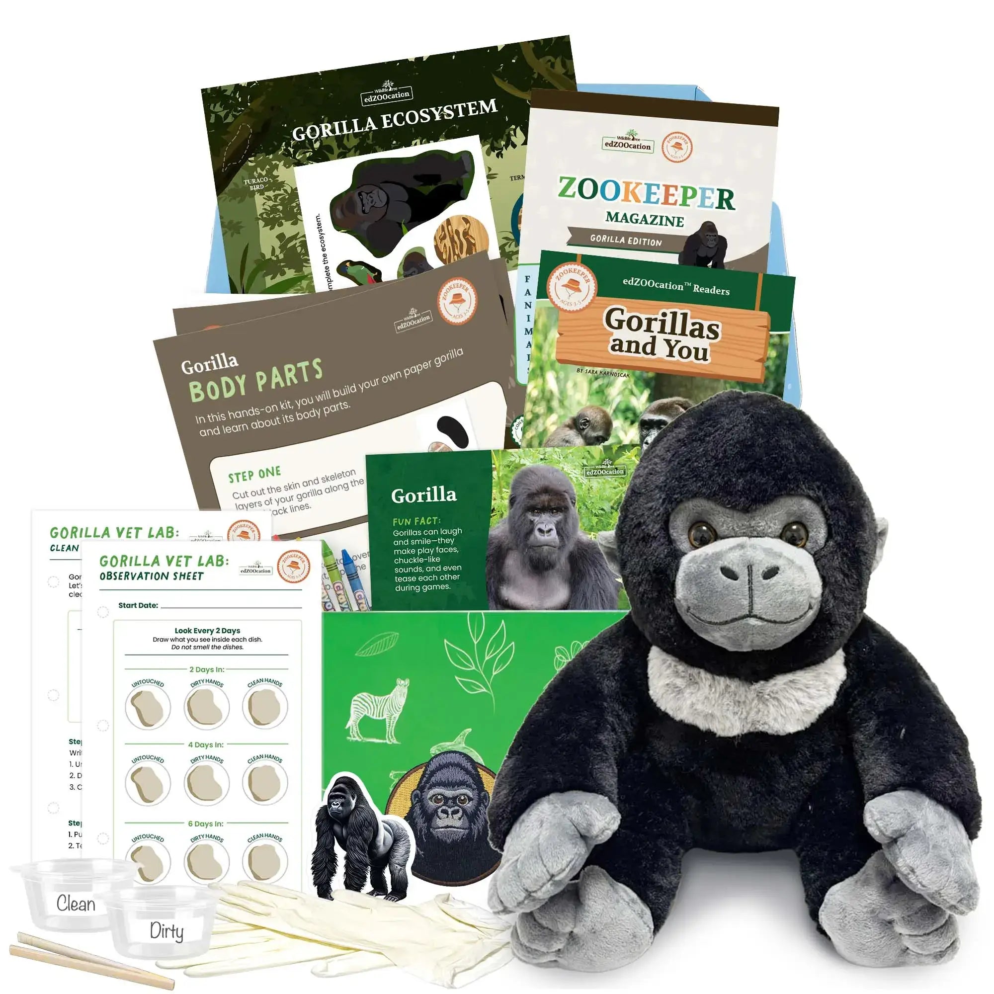 A gorilla-themed educational activity box from edZOOcation featuring a plush gorilla toy, beginner-level reading materials, science observation sheets, crafts, stickers, and hands-on learning activities designed to teach young children about gorillas and wildlife conservation.