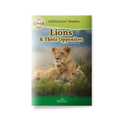 Book titled "Lions & Their Opposites" with a mama lion with her two cubs as the front cover. 