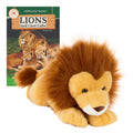 Plush lion toy with a book titled 'Lions and Lion Cubs' on a white background