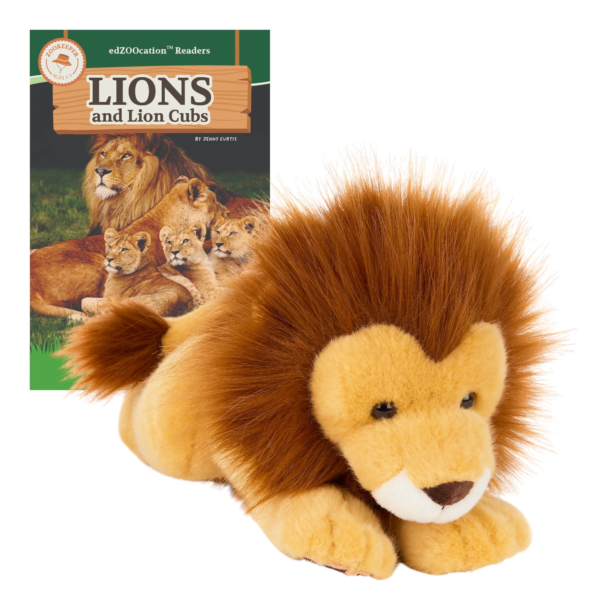 Plush lion toy with a book titled 'Lions and Lion Cubs' on a white background