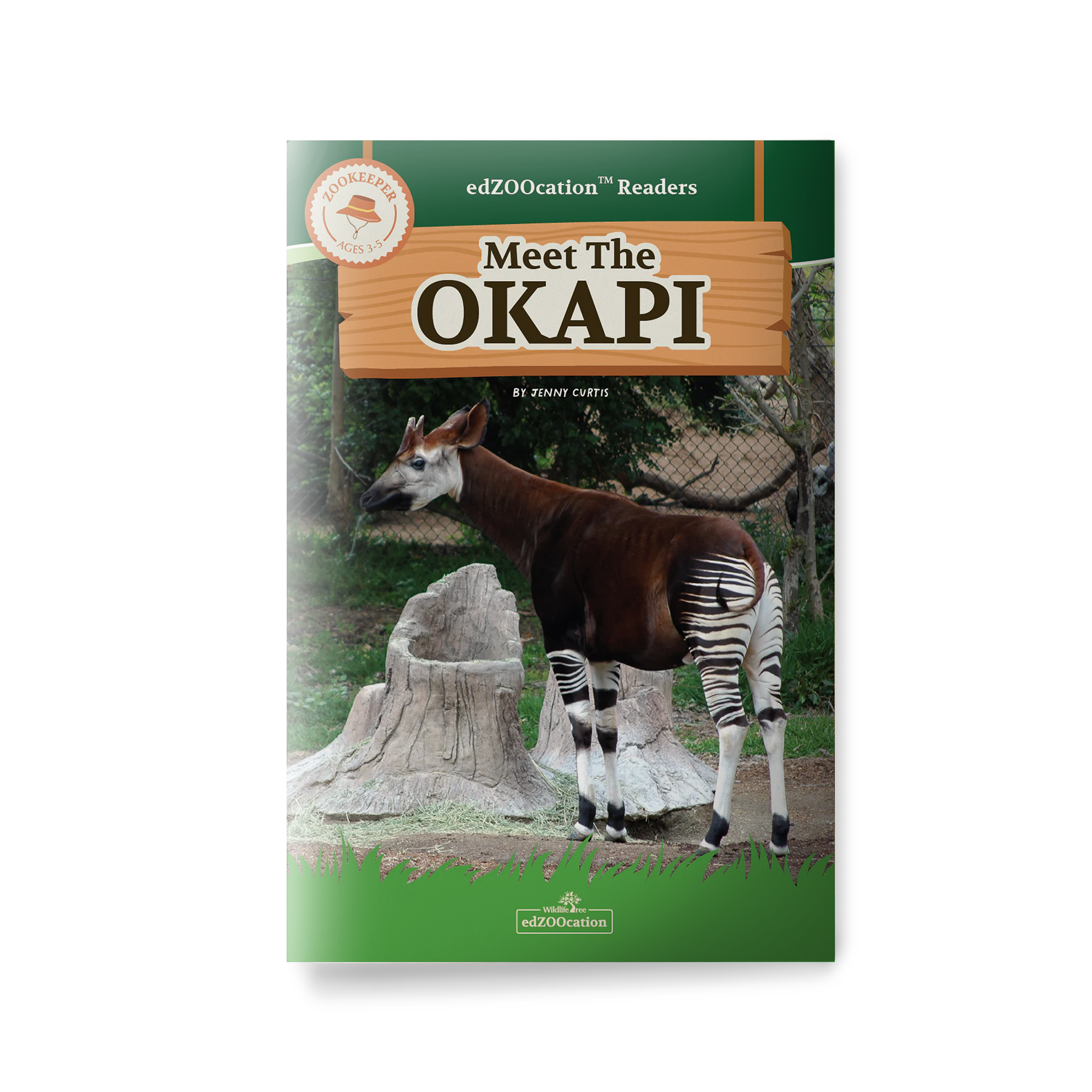 Book cover of 'Meet the Okapi' with an okapi illustration on a green background