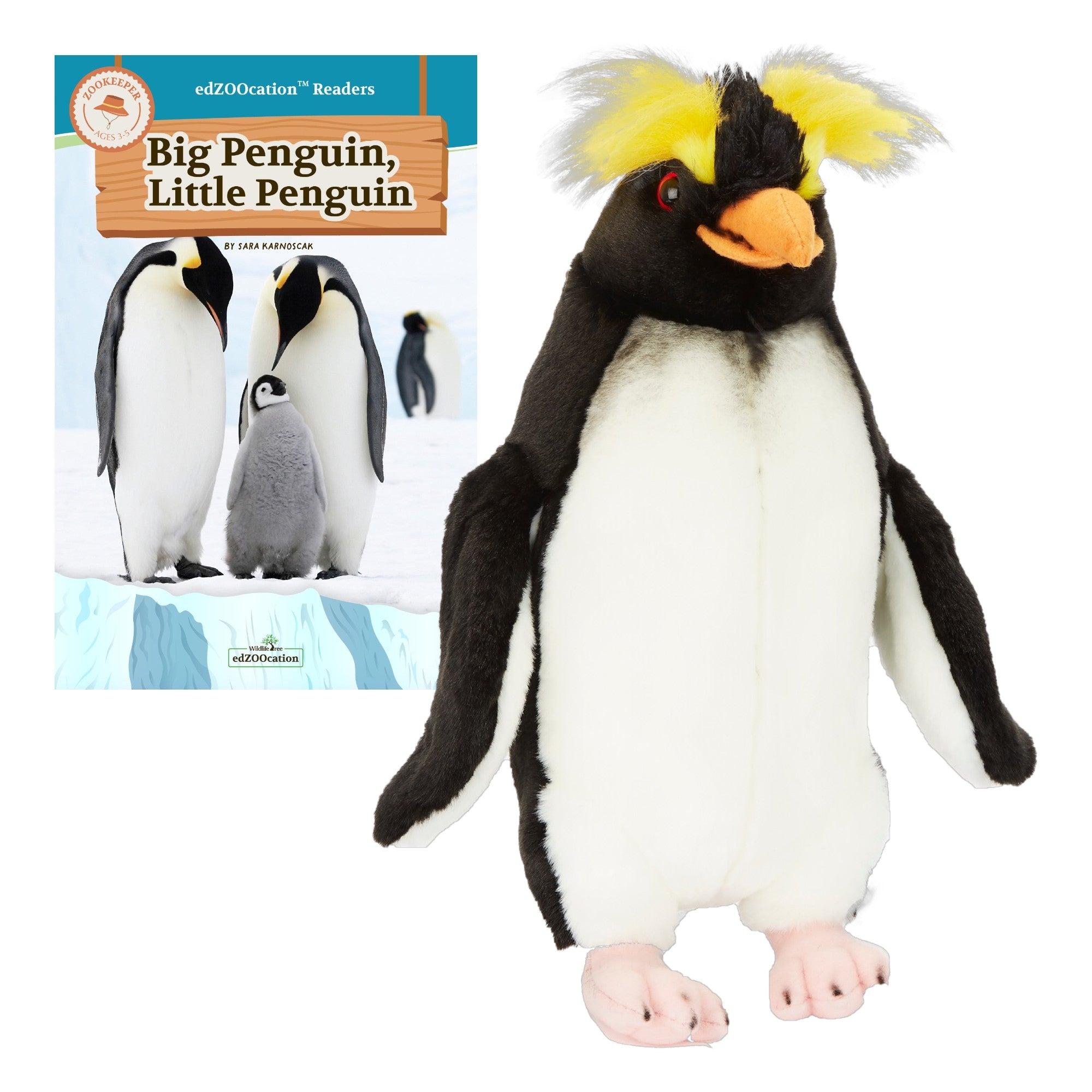 Plush penguin toy next to a book titled 'Big Penguin, Little Penguin' on a white background