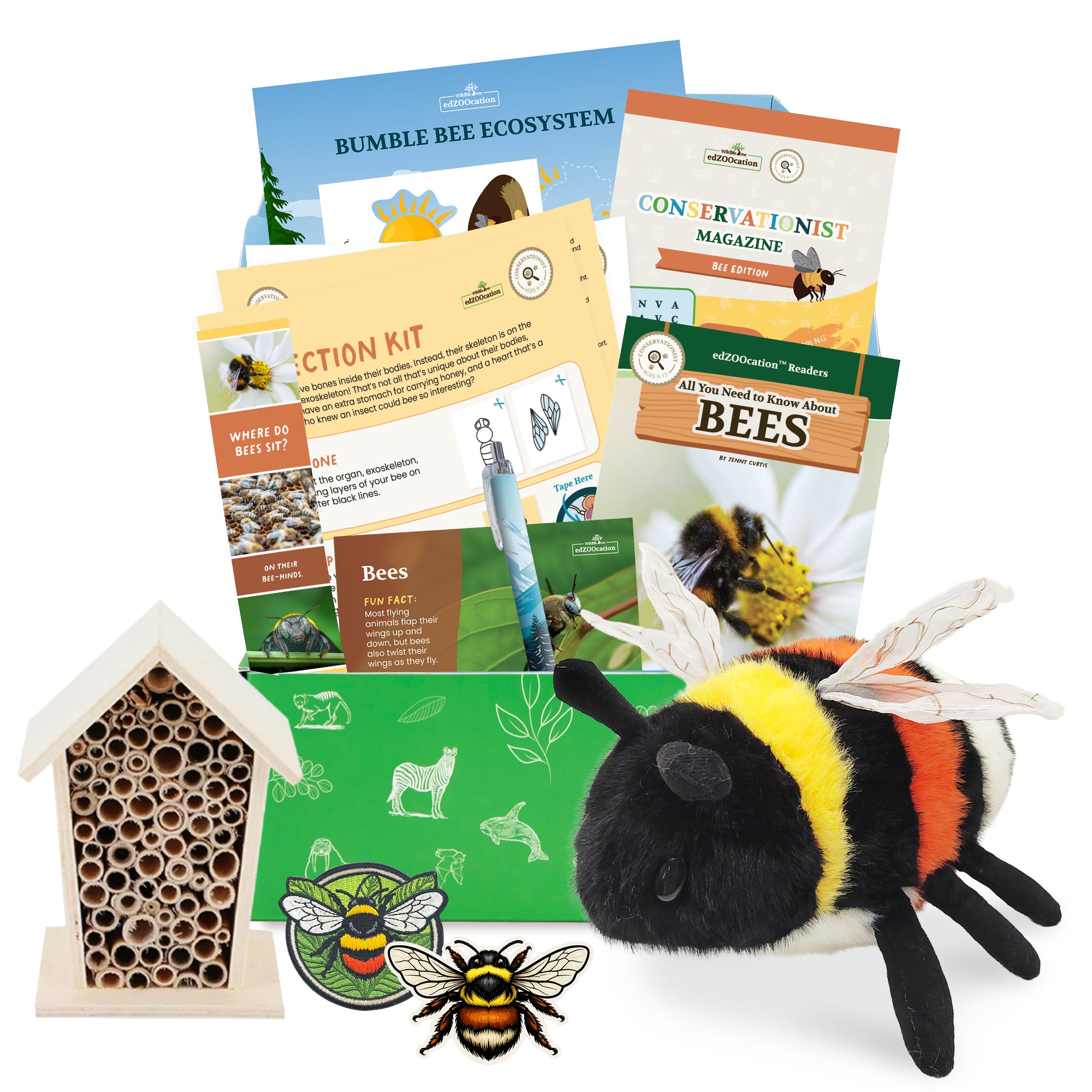 Educational bee-themed items including a plush bee, insect hotel, and books on a white background