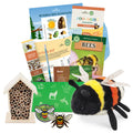 Educational bee-themed items including a plush bee, books, and a bee house on a white background