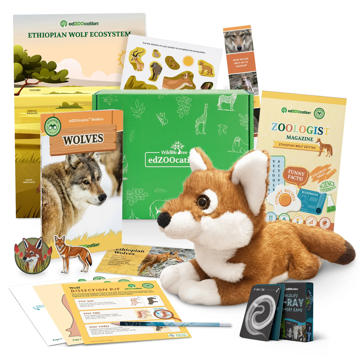 A closed green edZOOcation box surrounded by the Zoologist Ethiopian wolf contents — plush wolf, Wolves reader, Zoologist magazine, ecosystem poster, sticker sheet, bookmark, dissection kit, pencil, patch and x-ray memory card game.