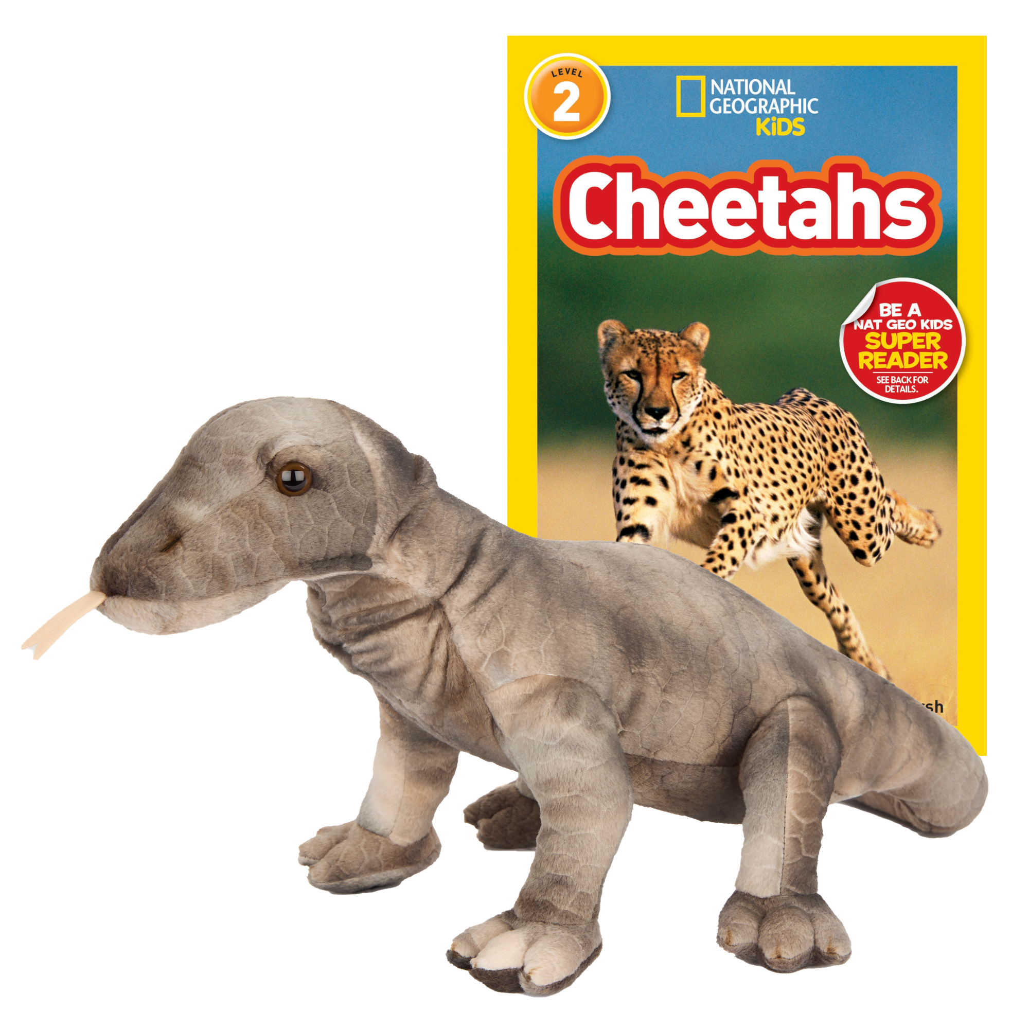Komodo Dragon Plush in front of a level 2 National Geographic Kids Cheetahs book