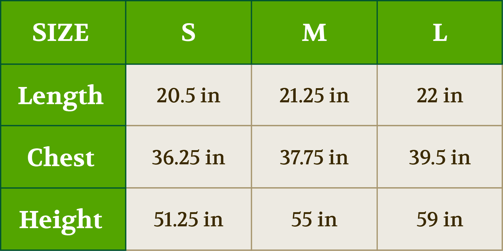 Explorer vest size chart — sizes S, M and L with length, chest and height measurements in inches
